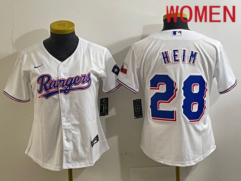 Women Texas Rangers 28 Heim White Nike Game 2024 MLB Jersey style 1